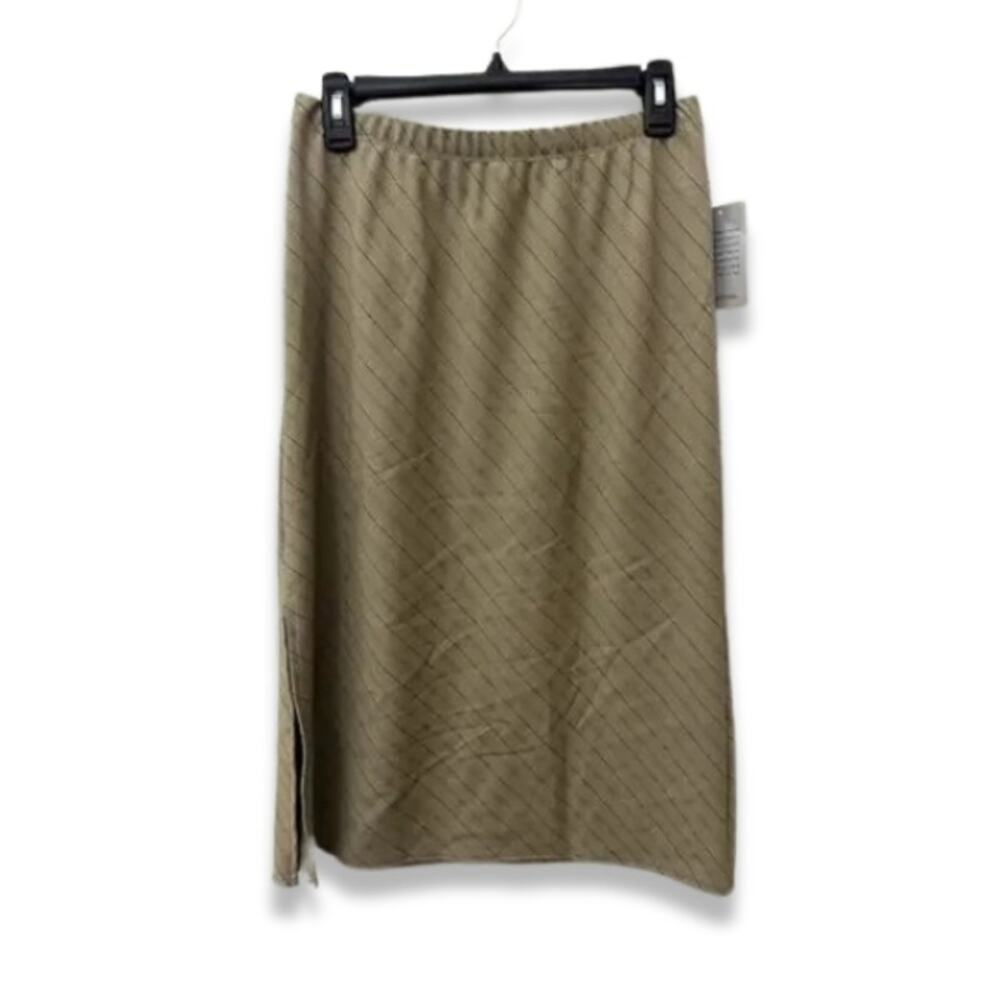 Forgotten Grace Pull-On Skirt Midi Side Slit Pinstripe Tan Black Women's M NWOT